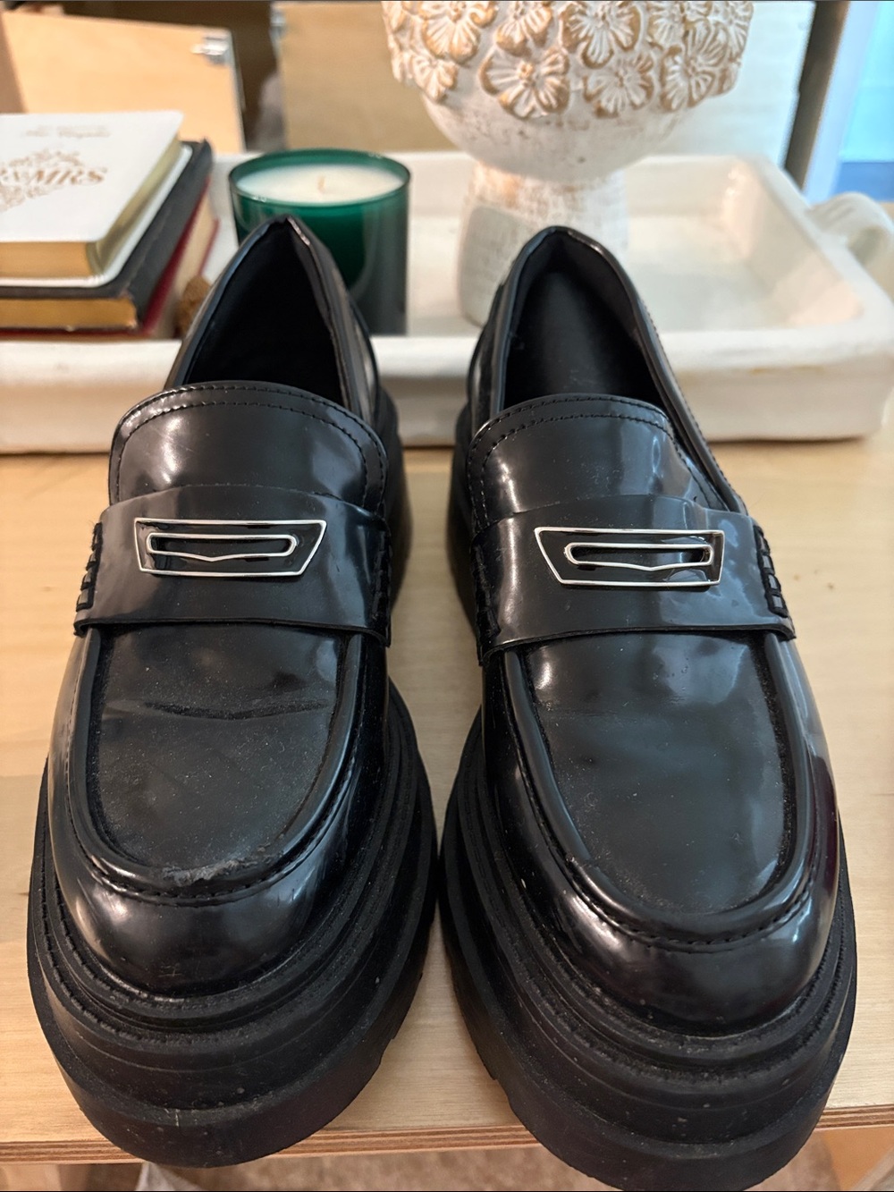 Macy's Black Patent Platform Loafers with Silver Accent